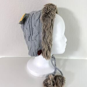 San Diego Hat Co Kid Cable Knit Beanie Pom Pom Neck Tie Size 5-7 yrs Winter Gray